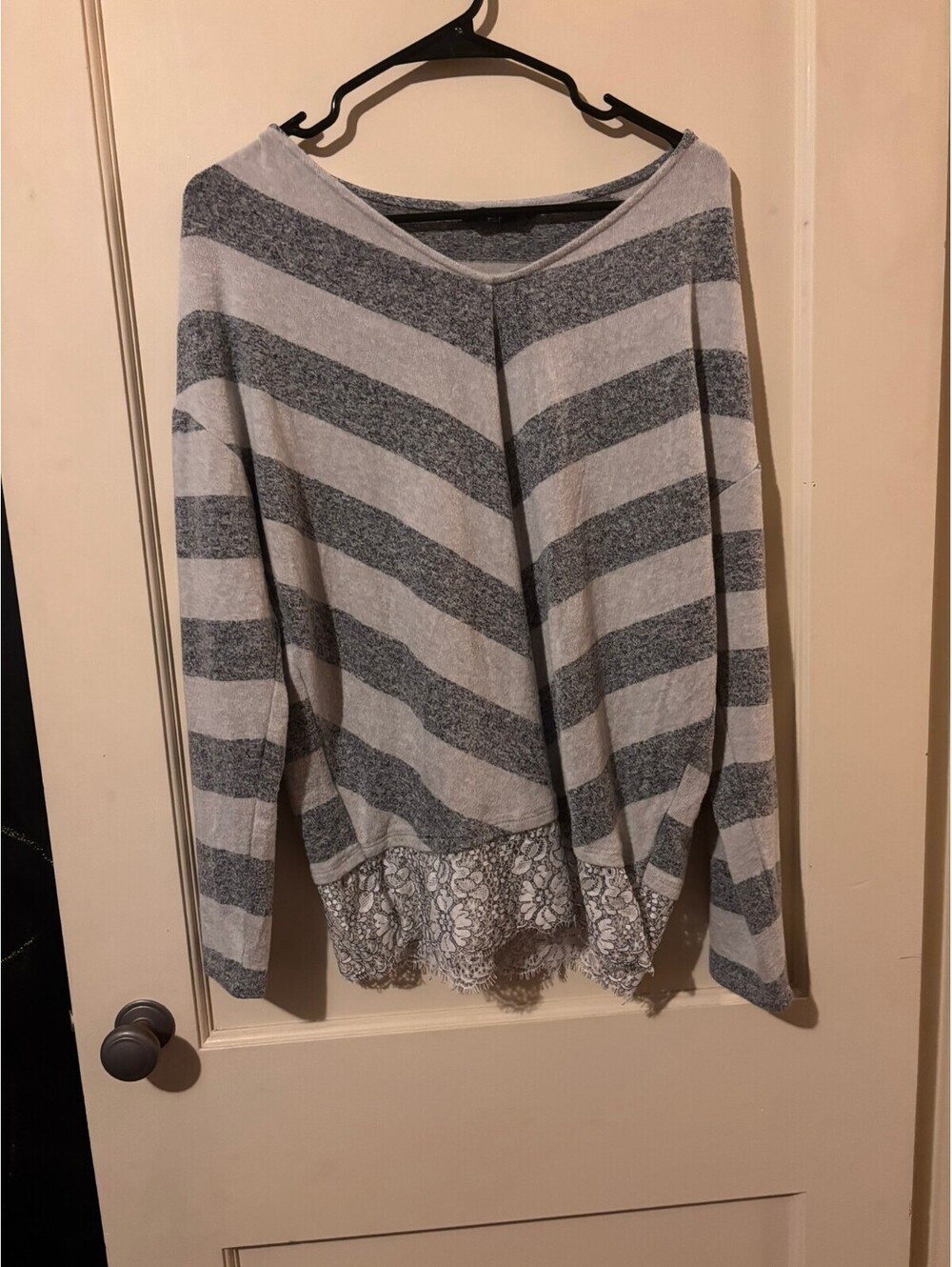 F&F Striped Gray and White Pullover Sweater with Lace Hem 12